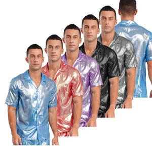 Mens Button Blouses Hip Hop Shirt Top 70s Costume Metallic Short Sleeve Party - Picture 1 of 81