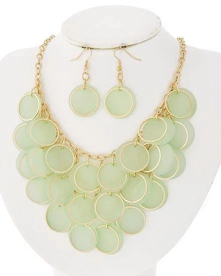 Mint green flat lucite circle gold tone hoops dangle necklace earring set - Image 1 of 1