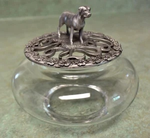 Vtg Rawcliffe Pewter & Glass Potpourri Jar 3 D Boxer Dog Heart & Scrolls Lid - Picture 1 of 15