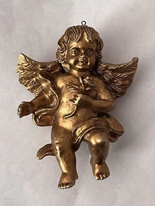 VTG Resin Gold Tone Gilded Cherub With Rose Xmas Holiday Tree Ornament 4” Tall - Picture 1 of 12