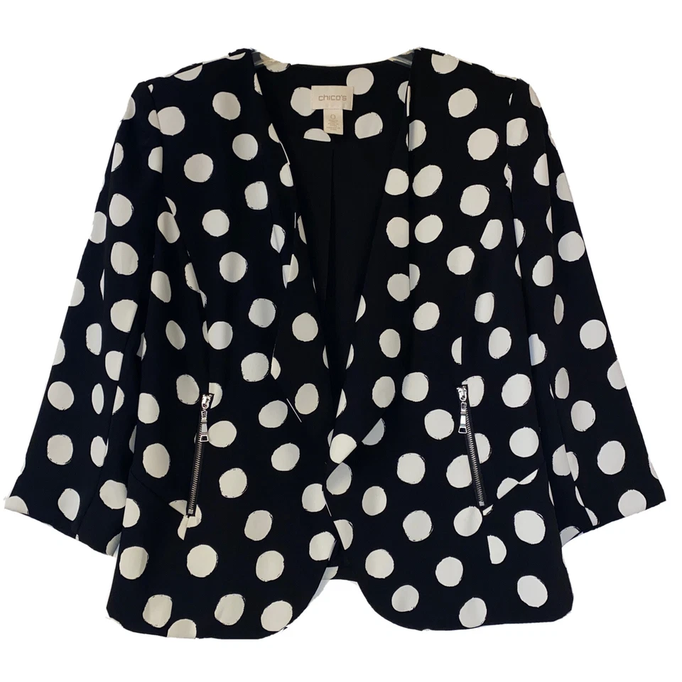 Chaqueta Chicos Mujer 0 Pequeña Negra Blanca Lunares Abierta Manga 3/4 Blazer Elegante Foto 1 de 4