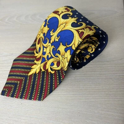 Gravata de seda barroca Gianni Versace V2 azul marinho ouro bolinhas vintage - Imagem 1 de 4