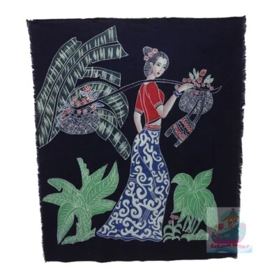 Thai Ethnic Girl Go To Flower Market Folk Art Decor Wall Hanging Batik Tapestry - image 1 of 4