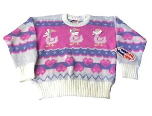 Vintage 80’s NOS 90’s Kids Girls Size 4 Geese & Hearts Knit Sweater NEW