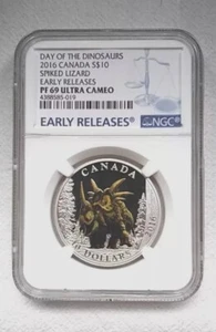 2016 NGC PF 69 ULTRA CAMEO ER CANADA DINOSAUR $10 SILVER COIN - SPIKED LIZARD   - Picture 1 of 4