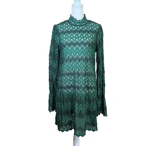 Free People High Neck Long Sleeve Sheer Lace Mini Dress Simone Green Size Small - Picture 1 of 8