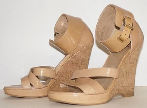 STUART WEITZMAN Beige-Tan Glossed Leather Ankle-Strap Wedge Sandals US 8.5 - Picture 1 of 16
