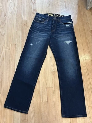 Nautica Jeans Mens 30x30 Relaxed Straight Cotton Denim Blue Distressed Workwear - Image 1 of 4