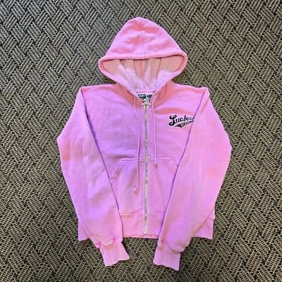 Vintage Lucky Brand Pink Full-Zip Velvet Graphic Logo Hoodie Womens Size M Y2K - Image 1 of 4