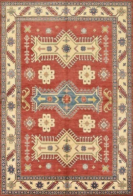 Kazak Rug 6′ x 8’10” Red Wool Tribal Geometric Hand-Knotted Oriental Carpet - Image 1 of 4
