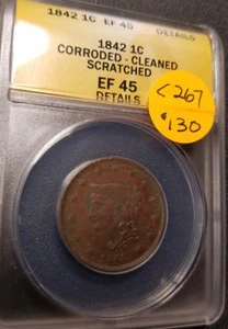 1842 Certified Braided Hair Large Cent, EF45, C267 - Picture 1 of 4