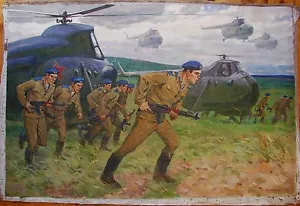 Dipinto a olio sovietico ucraino URSS esercito soldato realismo elicottero fanteria - Foto 1 di 12