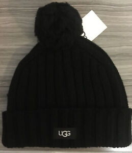 UGG MENS unisex RIB CABLE POM BLACK WOOL Mid thick BLEND SOFT BEANIE HAT O/S new