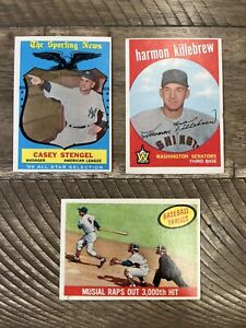 1959 Topps Vintage Baseball Star Lot (3) w-Killebrew & Stengel Hi’s /GD-VG