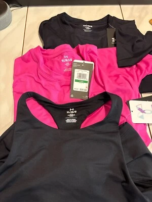 3pcs Set Under Armour Girls Pink Black Short Sleeve Shirt Crop Tank Top YL NWT - Image 1 of 4