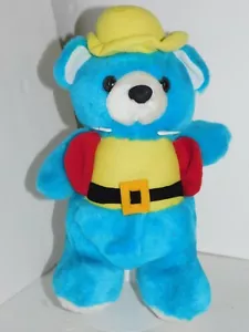 Blue Teddy Bear Plush Stuffed Toy Animal Yellow Hat And Shirt Vintage - Picture 1 of 11