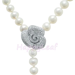 Collar de perlas de agua dulce de 8-9 mm blanco con conector ajustable de circonita cúbica rosa de 18"-30" - Imagen 1 de 8