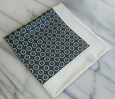 Hand Rolled Silk Ivory Pocket Square with Green, Black and Navy Geometric Design - Image 1 of 3