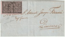 1857 20 NOV C.15 COPPIA SASS 3 ADF BEN MARGINATA SU SOVRACOPERTA DA PARMA X PIAC