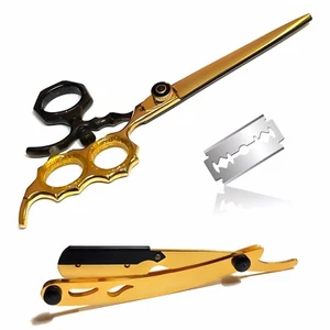 Straight Edge Razor & Barber Scissor Kit Stainless Steel Extra Long Sharp Blades - Picture 1 of 4