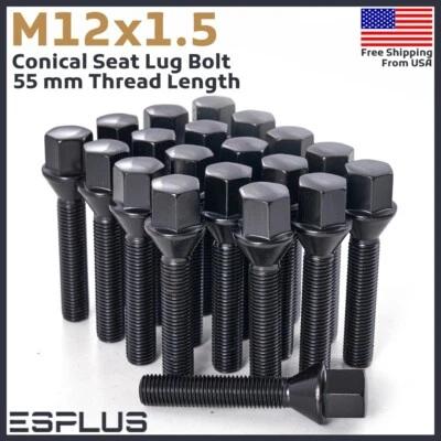 [16] Pernos de tuerca de rueda negros M12x1,5 vástago de 55 mm aptos para espaciadores de 25-29 mm Foto 1 de 4