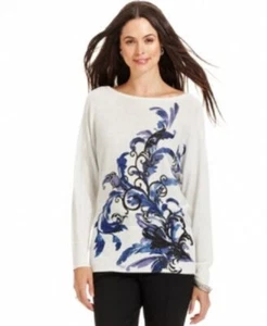 Alfani Women's Long Sleeve Sweater, Floral Metallic Ivory, XL - Picture 1 of 12