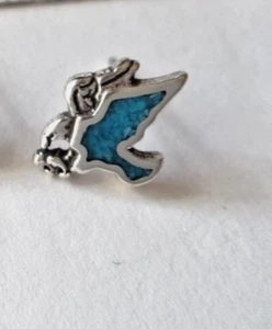 Orecchini a perno singolo argento sterling PICCOLO 11x7 mm pietra blu intarsiato aquila uccellino! - Foto 1 di 2