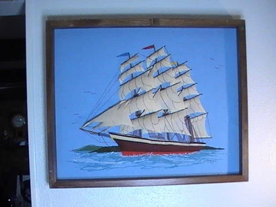 Sailing Ship Felt Completed Needlepoint Embroidery Cross Stitch 3D 21"x17" 1970s - Image 1 of 4
