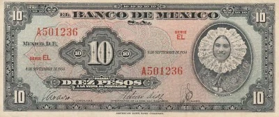 Мексика: 10 песо Теуана 8 сентября 1954 El Banco de Mexico. - Изображение 1 из 2