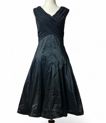 Vintage Tadashi Shoji Cocktail Dress Size 6 Black Taffeta Pleated Fit Flare - Image 1 of 4