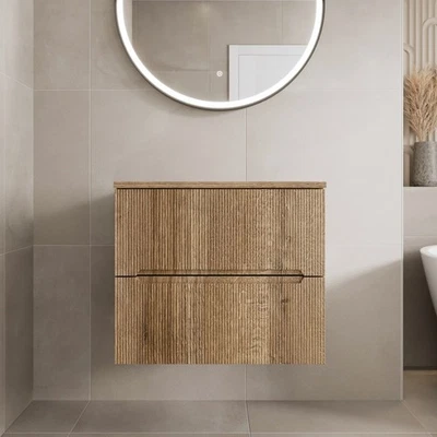 AFFINE 600mm Bathroom Vanity Unit Oak Countertop Wall Hung Fluted Oak Unit No Basin
