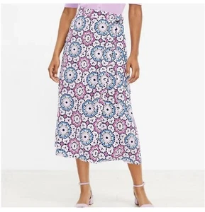 LOFT Linen Blend Mosaic Midi Wrap Skirt Size 8 Medium Large Purple Flowy Long - Picture 1 of 9