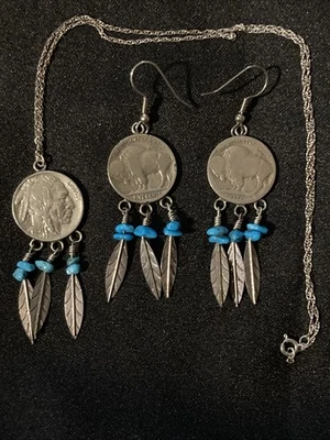 3pc Sterling Earring Pendant Necklace Set Indian Head Buffalo Nickel Never Worn - Image 1 of 4