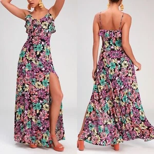 Lulus Dynah Black Floral Print Sleeveless Maxi Dress Purple Sz M - Picture 1 of 16