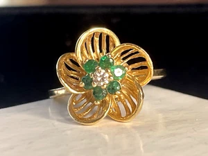 ANILLO ORO 14K VERDE ESMERALDA Y DIAMANTES PIEDRAS PRECIOSAS NATURALES FLORALES - Imagen 1 de 15