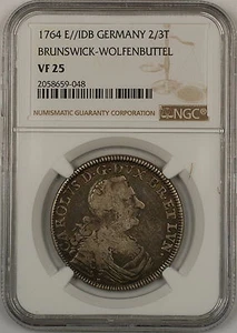 1764 E/IDB Germany 2/3 Taler Brunswick-Wolfenbuttel Silver Coin NGC VF-25 - Picture 1 of 2