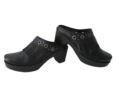 双唇 SAMANTHA FRINGE 黑色皮革木鞋女式 US 10 热销免费 S/H — 第 1/4 张图片