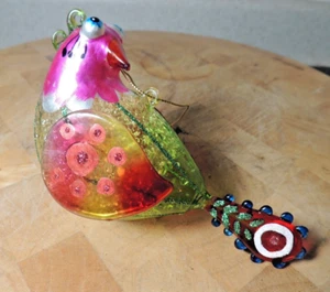 Hand Blown Bird Ornament Applied Wings Colorful Whimsical Italy - Picture 1 of 6