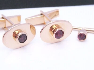 Vintage MCM Solid 14K Gold & Ruby Gemstone Cufflinks Buttons & Shirt Stud - Image 1 of 4