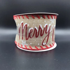 Wired Ribbon 2.5" x 20' Merry Christmas Red Yarn Stitch Trim Snowflakes Tan - Picture 1 of 7