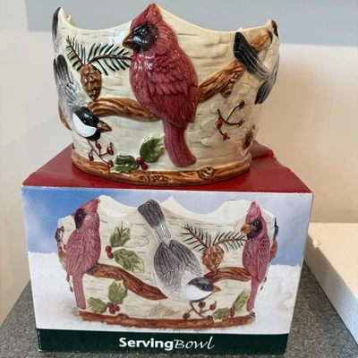 St. Nicholas Square Birds Christmas Serving Bowl 1999 Winter Cardinal In Box - Image 1 of 4