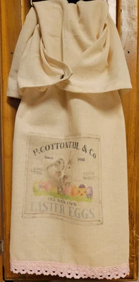 New Farmhouse Primitive EASTER  Decorative Flour Sack TOWEL With Metal Snap LACE - Image 1 of 4