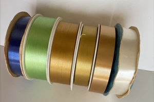 6 Rolls Vintage Hallmark Hall Sheen Ribbon Blue Gold Green White Sticks t Itself - Picture 1 of 2