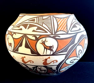 Historische ZUNI Keramik Olla JENNIE LAATE geb. 1933 Mimbres Heartline Hirsch GROSS 10" - Bild 1 von 19