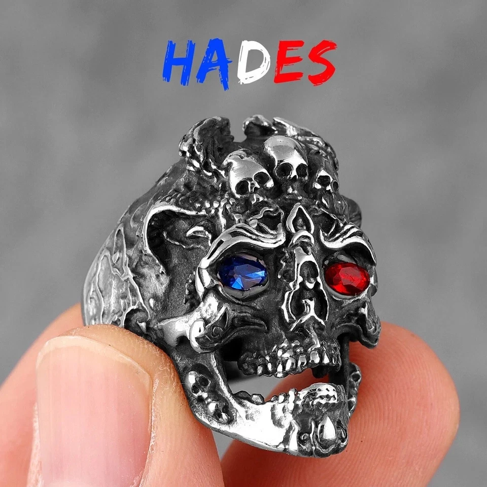 Domineering Hades Calavera Mal de Ojos Acero Inoxidable Hombres Anillos Punk Piedra Ojo Rojo Foto 1 de 1
