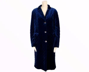 Sonia Rykiel Women's Size 44 Blue Velvet Quilted Long Jacket Coat Buttoned - Picture 1 of 5