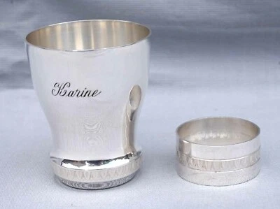 Conjunto batismal anel guardanapo copo prata francesa Karine em perfeito estado - Imagem 1 de 4