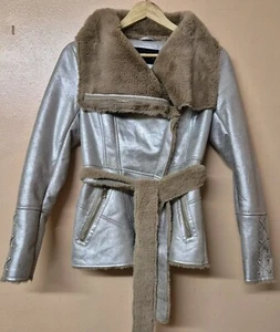 Guess Jacket Coat Gold Glitter Faux Fur Lined Belted Shearling StyleSize Small - Picture 1 of 9