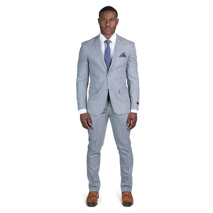 Slim Fit Nadelstreifen Herrenanzug silbergrau lila Linie 2 Knöpfe Kerbe Revers AZAR - Bild 1 von 6