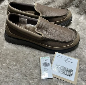 NEW LL Bean All Week Moc Slippers Brown Leather Fur Lined Shoe 512403 Mens Sz 8M - Picture 1 of 24